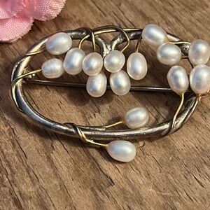 VTG Sterling 925 Freshwater Pearl Brooch Twig Wreath Pin Real Pearls 1.75”